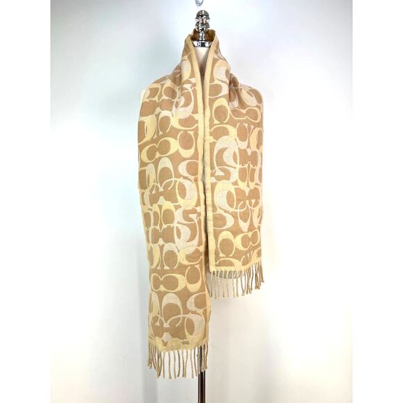 Coach Signature C Logo Scarf Neutral Ivory Woven Merino Wool - Picture 2 of 6